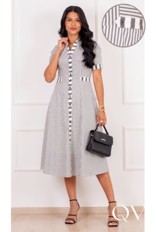 VESTIDO MIDI CHEMISE LISTRADO EM ALGODÃO PRETO - PURO SHARMY