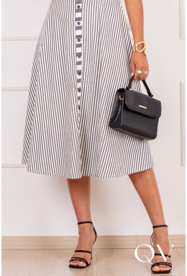 VESTIDO MIDI CHEMISE LISTRADO EM ALGODÃO PRETO - PURO SHARMY