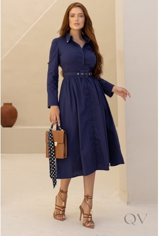 VESTIDO MIDI CHEMISIE EM TRICOLINE AZUL MARINHO - JANY PIM