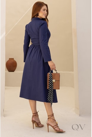 VESTIDO MIDI CHEMISIE EM TRICOLINE AZUL MARINHO - JANY PIM