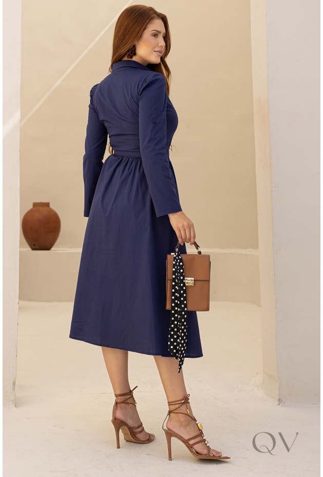 VESTIDO MIDI CHEMISIE EM TRICOLINE AZUL MARINHO - JANY PIM