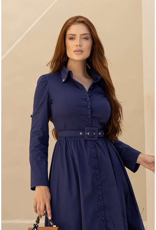 VESTIDO MIDI CHEMISIE EM TRICOLINE AZUL MARINHO - JANY PIM