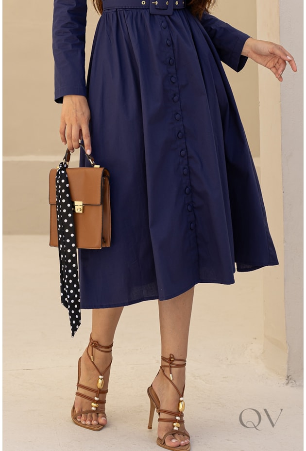 VESTIDO MIDI CHEMISIE EM TRICOLINE AZUL MARINHO - JANY PIM