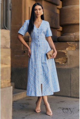 VESTIDO MIDI CHEMISIER EM ALGODÃO SLUB XADREZ AZUL - LUZIA FAZZOLLI