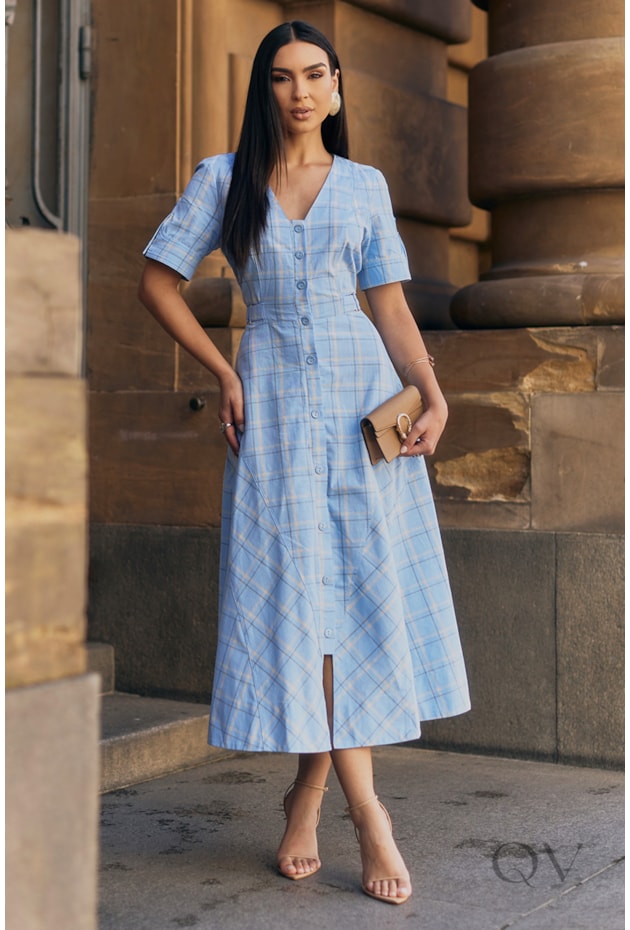 VESTIDO MIDI CHEMISIER EM ALGODÃO SLUB XADREZ AZUL - LUZIA FAZZOLLI