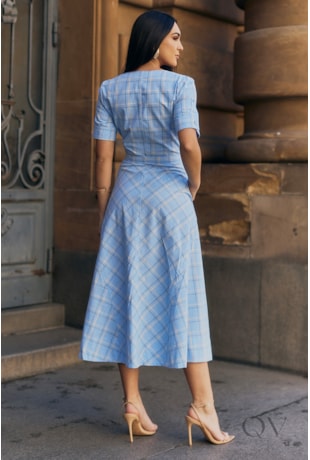 VESTIDO MIDI CHEMISIER EM ALGODÃO SLUB XADREZ AZUL - LUZIA FAZZOLLI