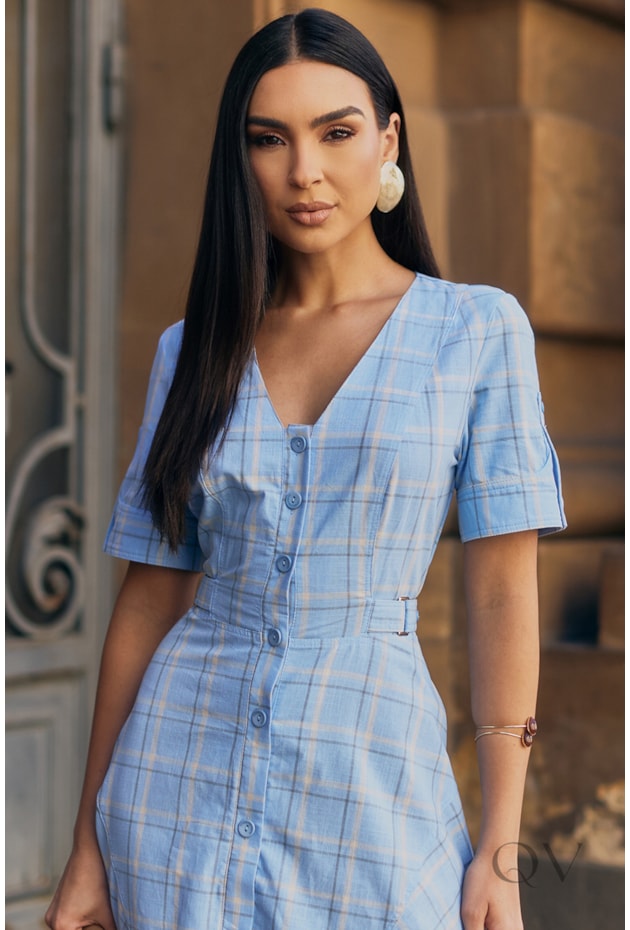 VESTIDO MIDI CHEMISIER EM ALGODÃO SLUB XADREZ AZUL - LUZIA FAZZOLLI
