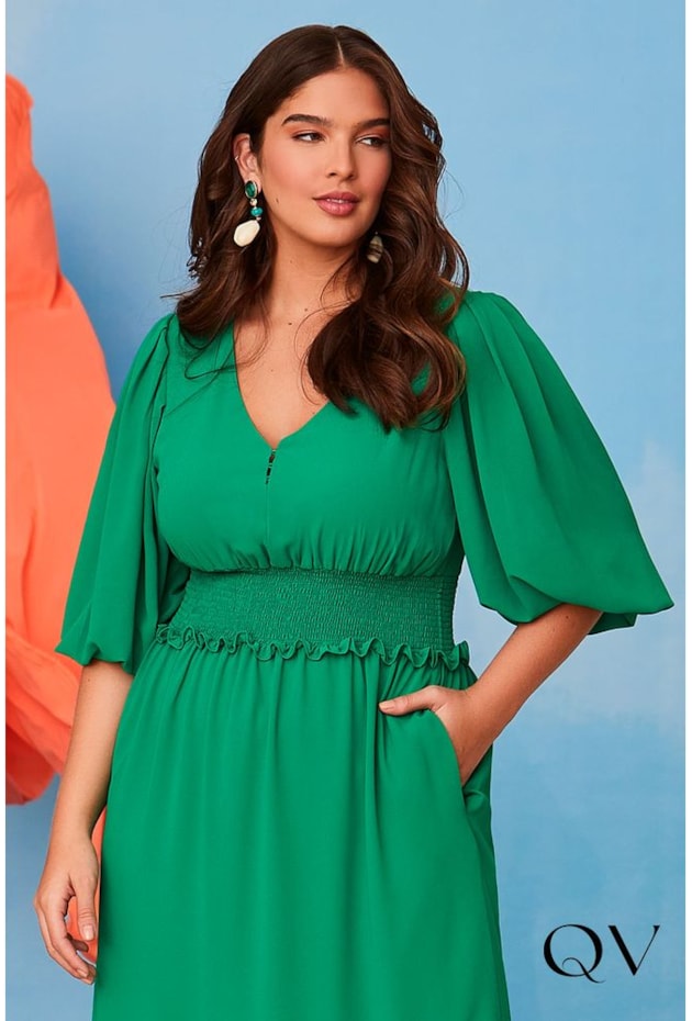 VESTIDO MIDI CHIFFON DECOTE V COM LASTEX VERDE - LUZIA FAZZOLLI