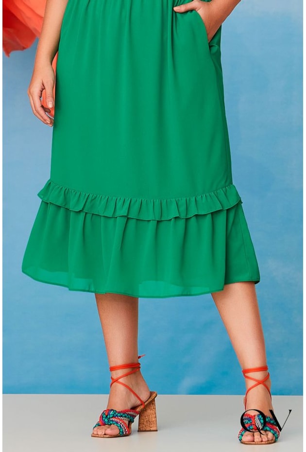 VESTIDO MIDI CHIFFON DECOTE V COM LASTEX VERDE - LUZIA FAZZOLLI