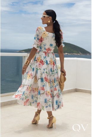 VESTIDO MIDI CHIFFON ESTAMPADO OFF WHITE - JANY PIM