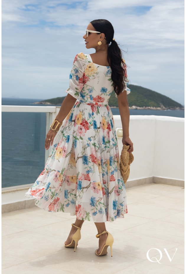 VESTIDO MIDI CHIFFON ESTAMPADO OFF WHITE - JANY PIM