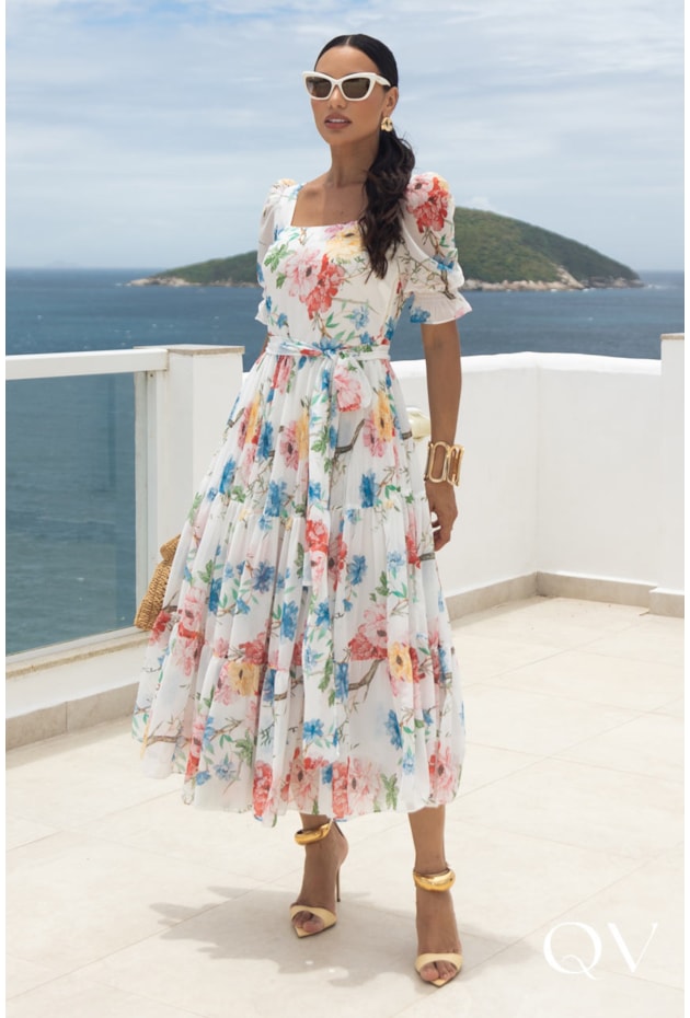 VESTIDO MIDI CHIFFON ESTAMPADO OFF WHITE - JANY PIM VESTIDO MIDI CHIFFON ESTAMPADO OFF WHITE - JANY PIM