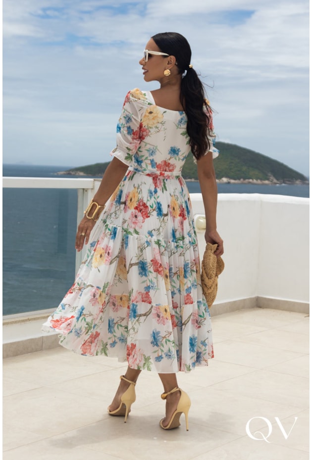 VESTIDO MIDI CHIFFON ESTAMPADO OFF WHITE - JANY PIM VESTIDO MIDI CHIFFON ESTAMPADO OFF WHITE - JANY PIM