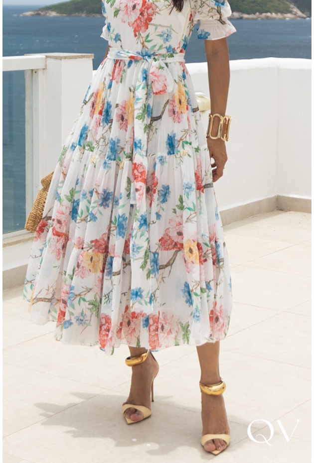 VESTIDO MIDI CHIFFON ESTAMPADO OFF WHITE - JANY PIM VESTIDO MIDI CHIFFON ESTAMPADO OFF WHITE - JANY PIM