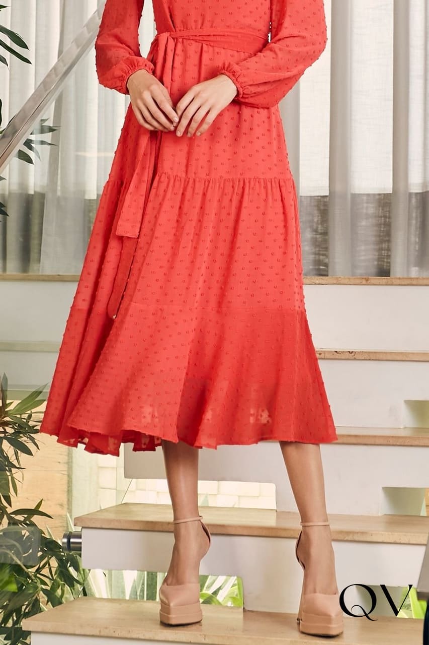 Vestido Midi Chiffon Pipoquinha Coral Jany Pim Moda Evangélica