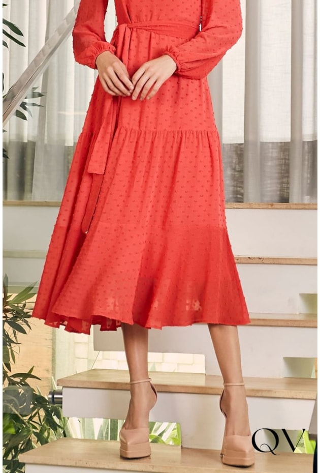 VESTIDO MIDI CHIFFON PIPOQUINHA CORAL - JANY PIM