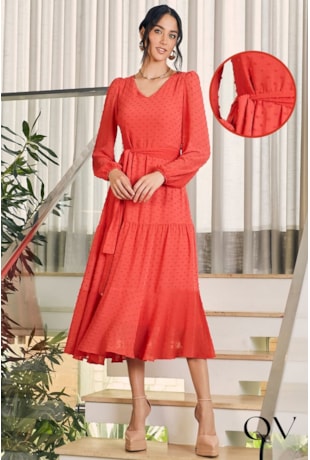 VESTIDO MIDI CHIFFON PIPOQUINHA CORAL - JANY PIM