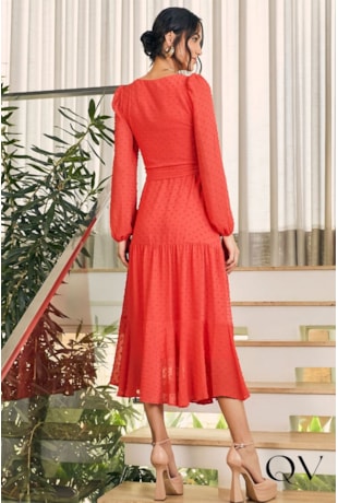 VESTIDO MIDI CHIFFON PIPOQUINHA CORAL - JANY PIM