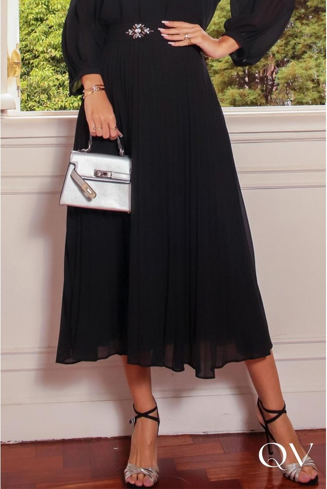 VESTIDO MIDI CHIFFON PLISSADO COM FAIXA PRETO - LUZIA FAZZOLLI - 46