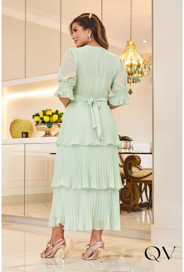VESTIDO MIDI CHIFFON PLISSADO VERDE - LUZIA FAZZOLLI VESTIDO MIDI CHIFFON PLISSADO VERDE - LUZIA FAZZOLLI