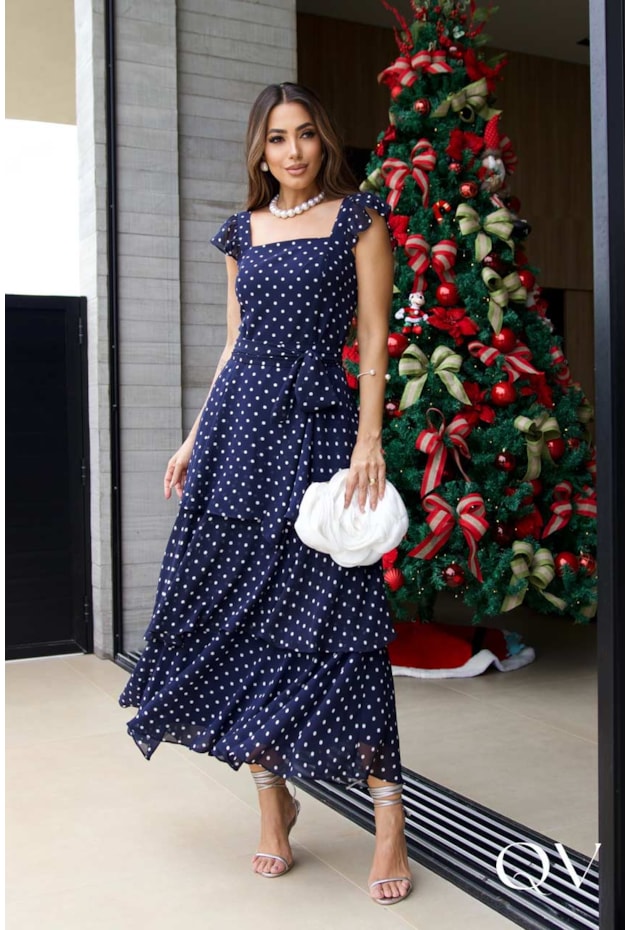 VESTIDO MIDI CHIFFON POÁ MARINHO LUZIA FAZZOLLI 46