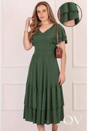 VESTIDO MIDI COM BABADO EM VISCOSE VERDE - PURO SHARMY