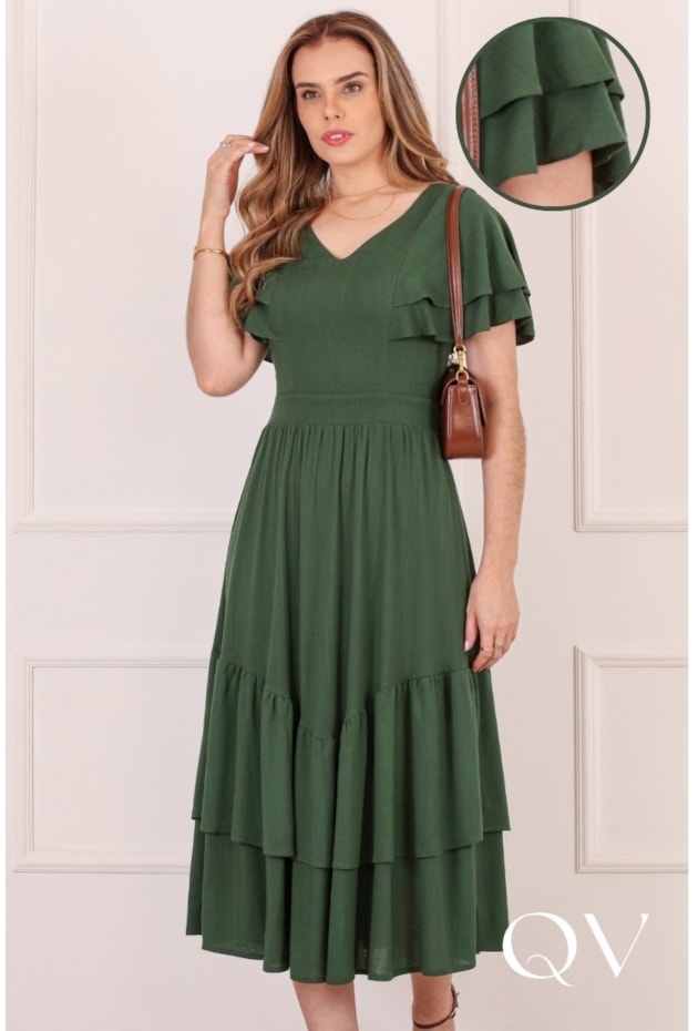 VESTIDO MIDI COM BABADO EM VISCOSE VERDE - PURO SHARMY