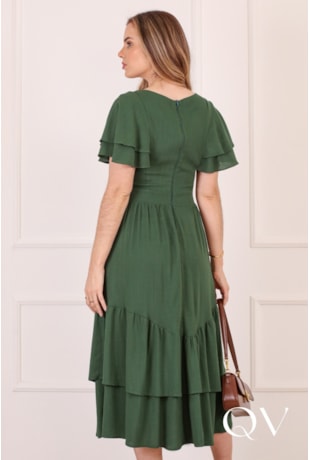 VESTIDO MIDI COM BABADO EM VISCOSE VERDE - PURO SHARMY