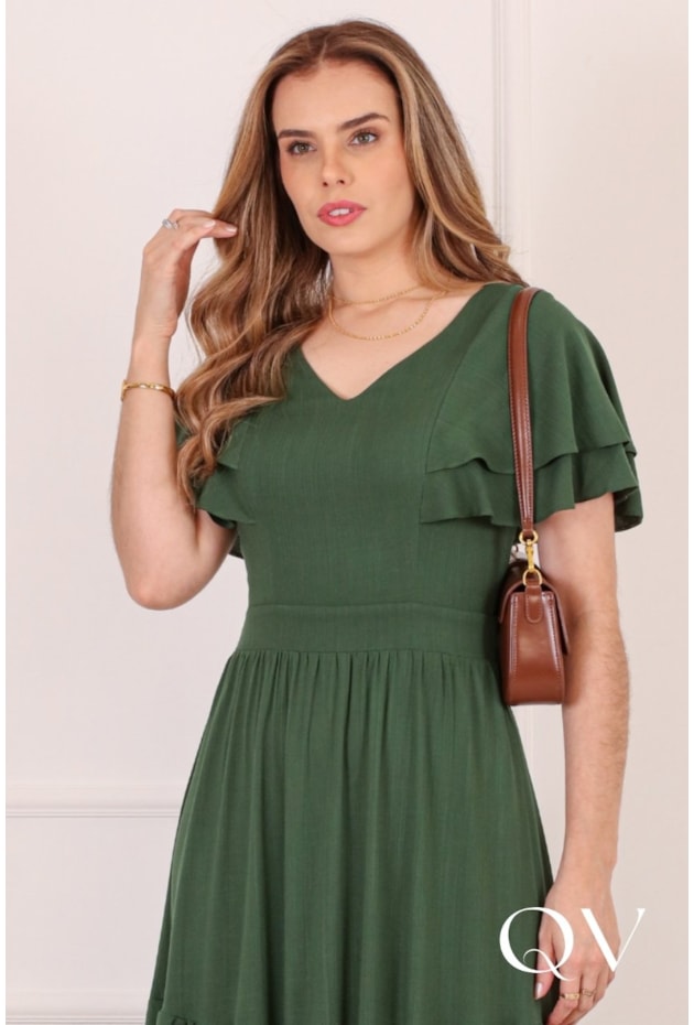 VESTIDO MIDI COM BABADO EM VISCOSE VERDE - PURO SHARMY