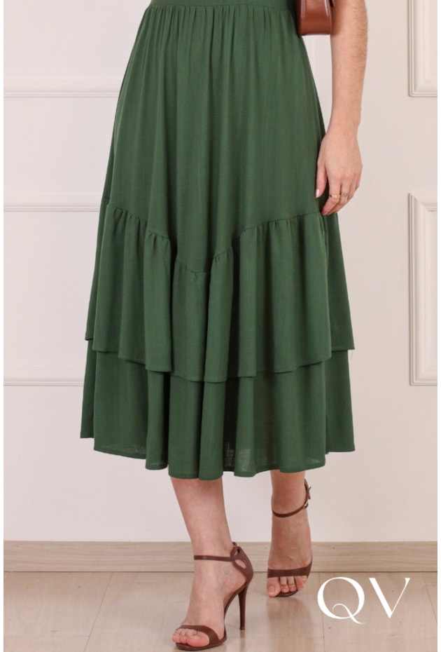 VESTIDO MIDI COM BABADO EM VISCOSE VERDE - PURO SHARMY