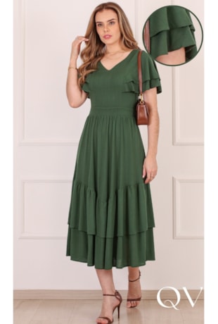 VESTIDO MIDI COM BABADO EM VISCOSE VERDE - PURO SHARMY