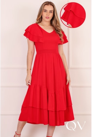 VESTIDO MIDI COM BABADO EM VISCOSE VERMELHO - PURO SHARMY