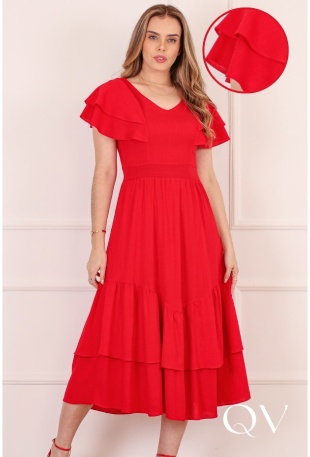 VESTIDO MIDI COM BABADO EM VISCOSE VERMELHO - PURO SHARMY