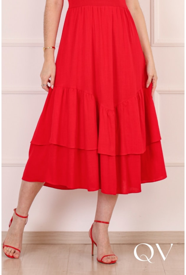 VESTIDO MIDI COM BABADO EM VISCOSE VERMELHO - PURO SHARMY