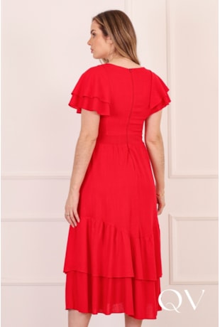 VESTIDO MIDI COM BABADO EM VISCOSE VERMELHO - PURO SHARMY
