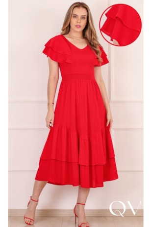 VESTIDO MIDI COM BABADO EM VISCOSE VERMELHO - PURO SHARMY