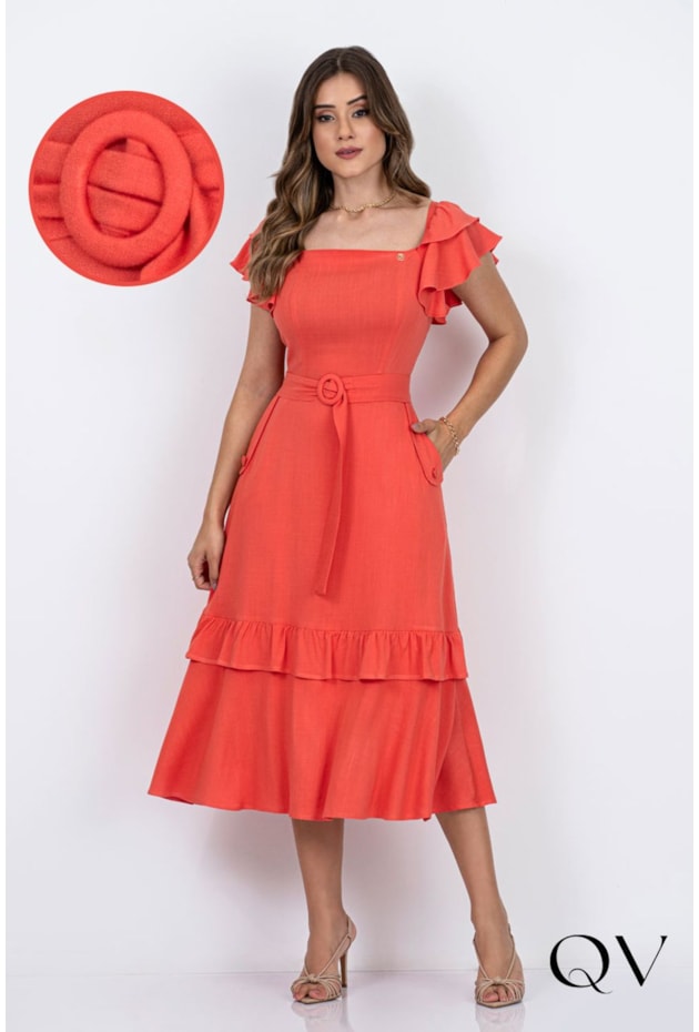 VESTIDO MIDI COM BABADOS LARANJA - VIA TOLENTINO