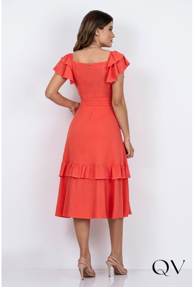 VESTIDO MIDI COM BABADOS LARANJA - VIA TOLENTINO VESTIDO MIDI COM BABADOS LARANJA - VIA TOLENTINO