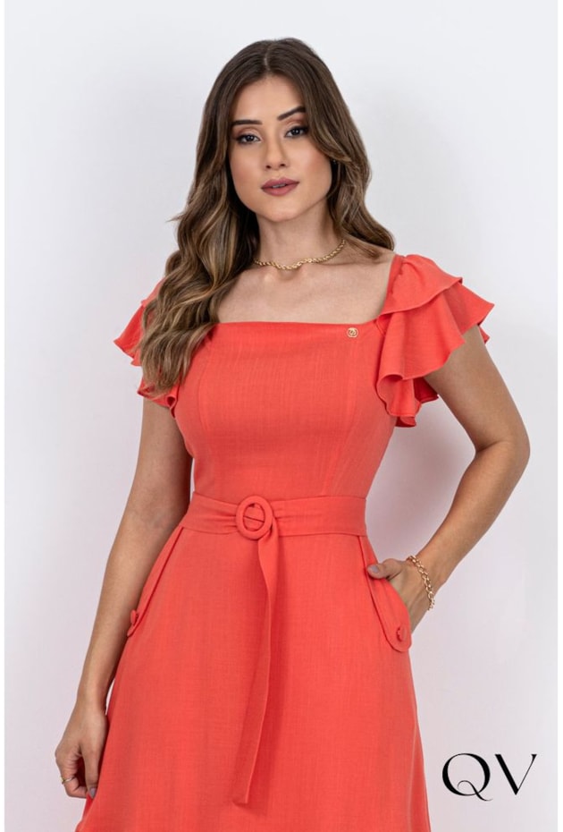 VESTIDO MIDI COM BABADOS LARANJA - VIA TOLENTINO