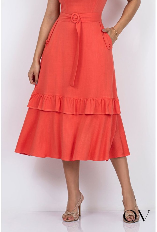 VESTIDO MIDI COM BABADOS LARANJA - VIA TOLENTINO VESTIDO MIDI COM BABADOS LARANJA - VIA TOLENTINO