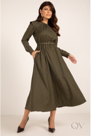 VESTIDO MIDI COM BORDADO EM VISCOSE VERDE MILITAR - LEKAZIS
