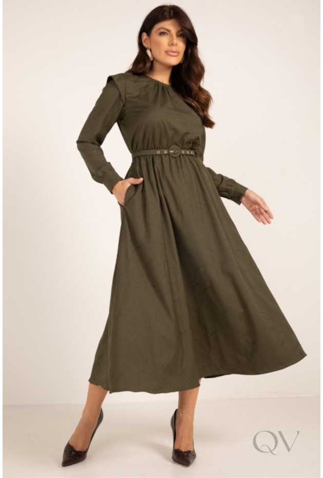 VESTIDO MIDI COM BORDADO EM VISCOSE VERDE MILITAR - LEKAZIS
