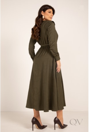 VESTIDO MIDI COM BORDADO EM VISCOSE VERDE MILITAR - LEKAZIS