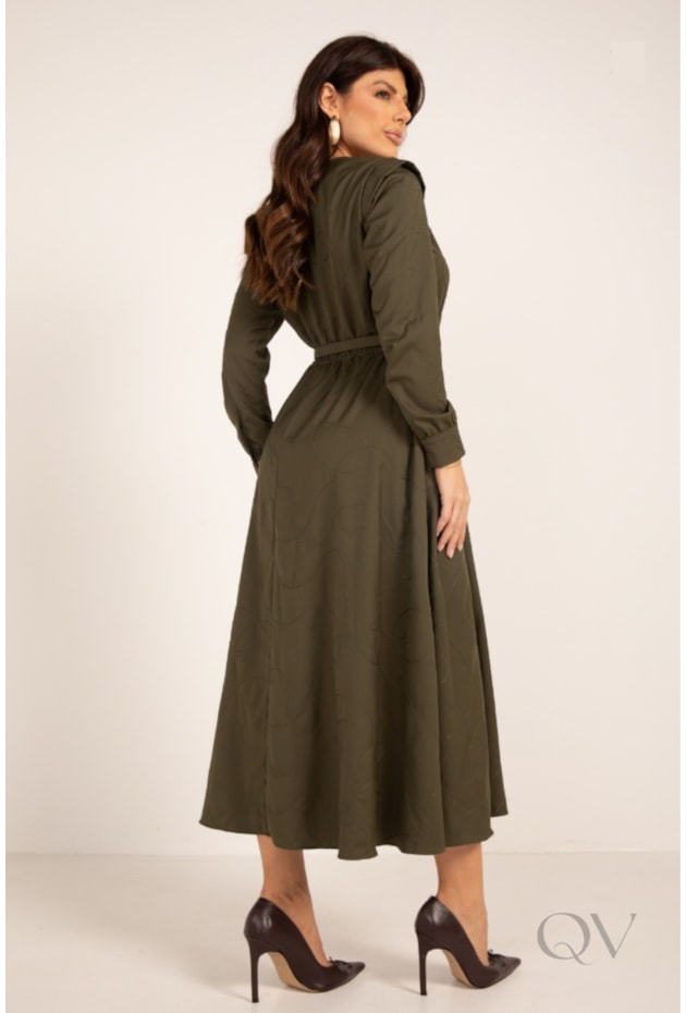 VESTIDO MIDI COM BORDADO EM VISCOSE VERDE MILITAR - LEKAZIS