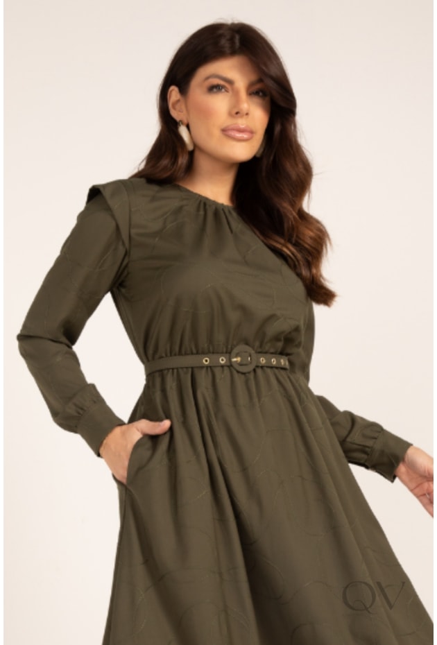 VESTIDO MIDI COM BORDADO EM VISCOSE VERDE MILITAR - LEKAZIS