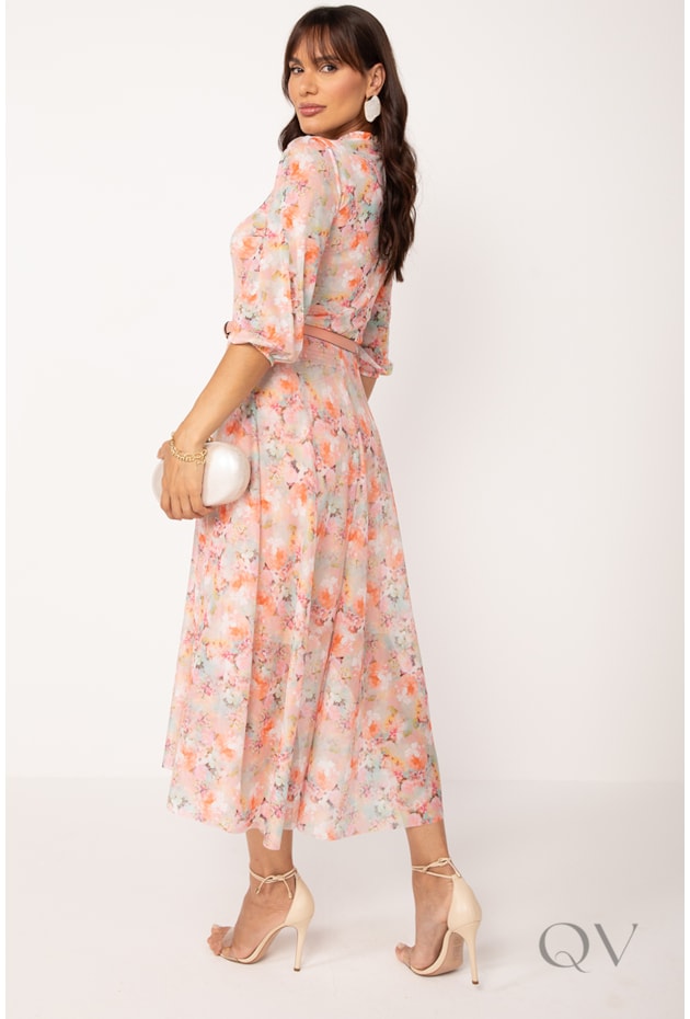 VESTIDO MIDI COM CINTO EM TULE FLORAL SALMÃO - LEKAZIS