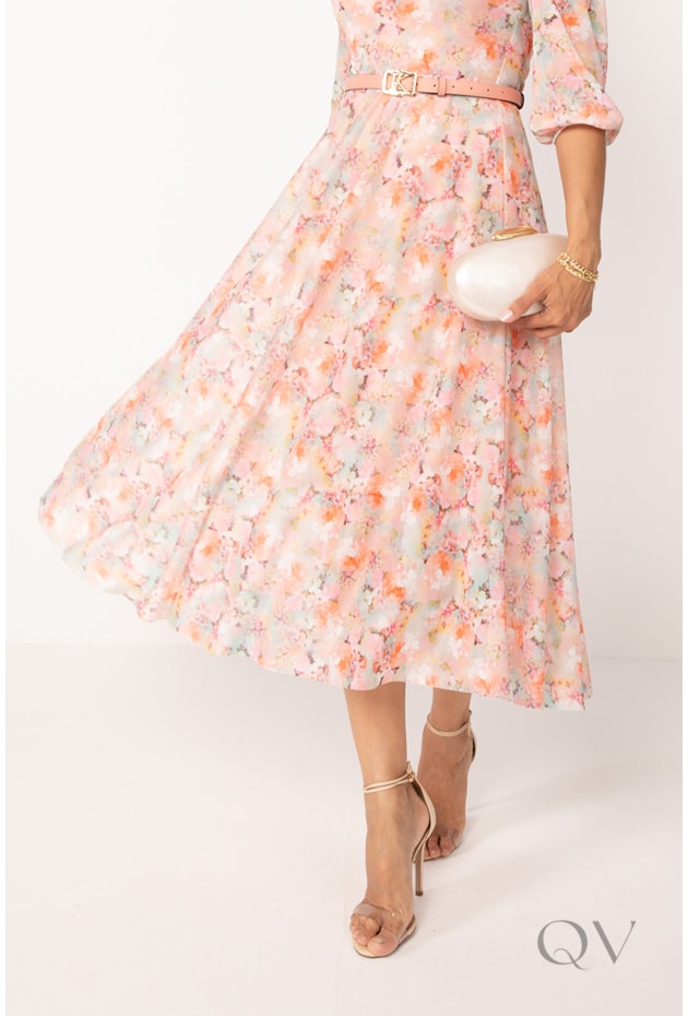 VESTIDO MIDI COM CINTO EM TULE FLORAL SALMÃO - LEKAZIS