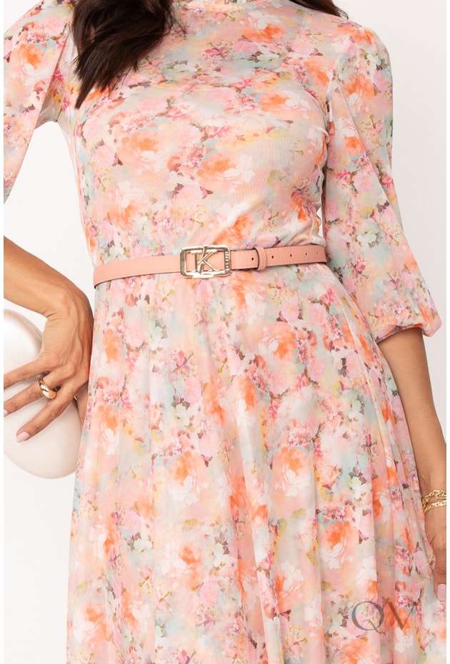 VESTIDO MIDI COM CINTO EM TULE FLORAL SALMÃO - LEKAZIS
