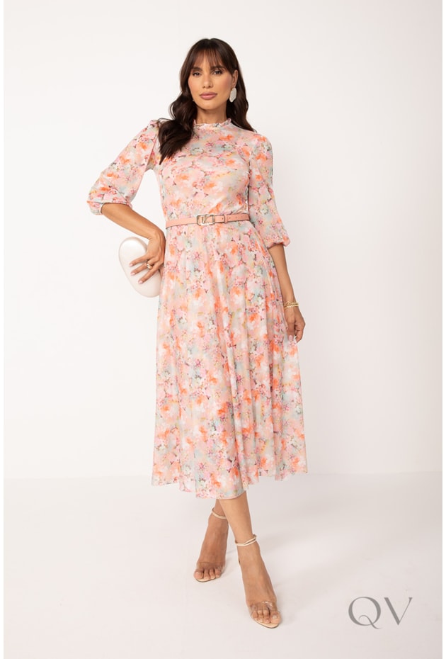 VESTIDO MIDI COM CINTO EM TULE FLORAL SALMÃO - LEKAZIS