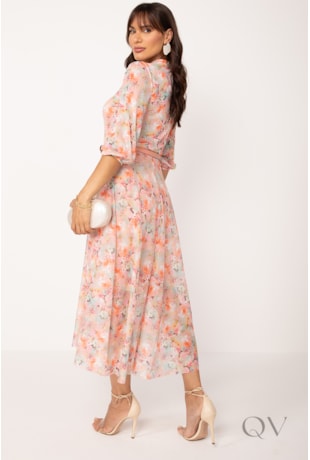 VESTIDO MIDI COM CINTO EM TULE FLORAL SALMÃO - LEKAZIS